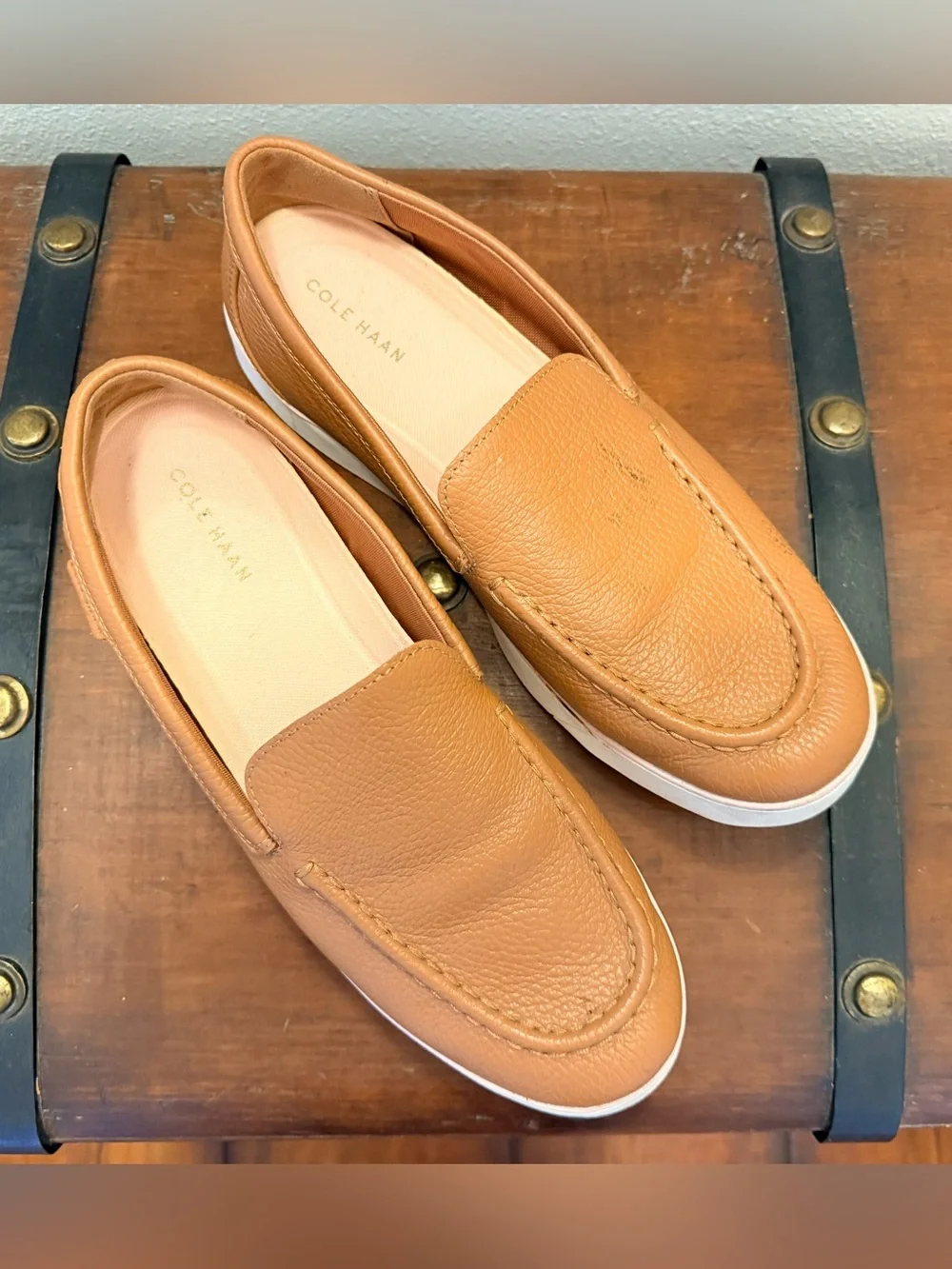 Cole Haan Tan Leather Slip-On Loafers with White Sole - Picture 2 of 5